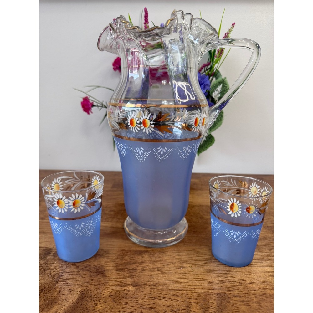 Vintage Hand-Painted Blue Glass Lemonade Pitcher Matching Tumblers‎ Daisy Floral